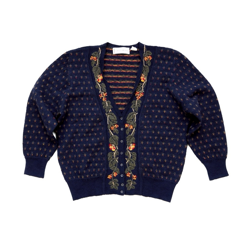 Vintage Evan Picone Embroidered Wool Cardigan Sweater 100% Wool Navy Large